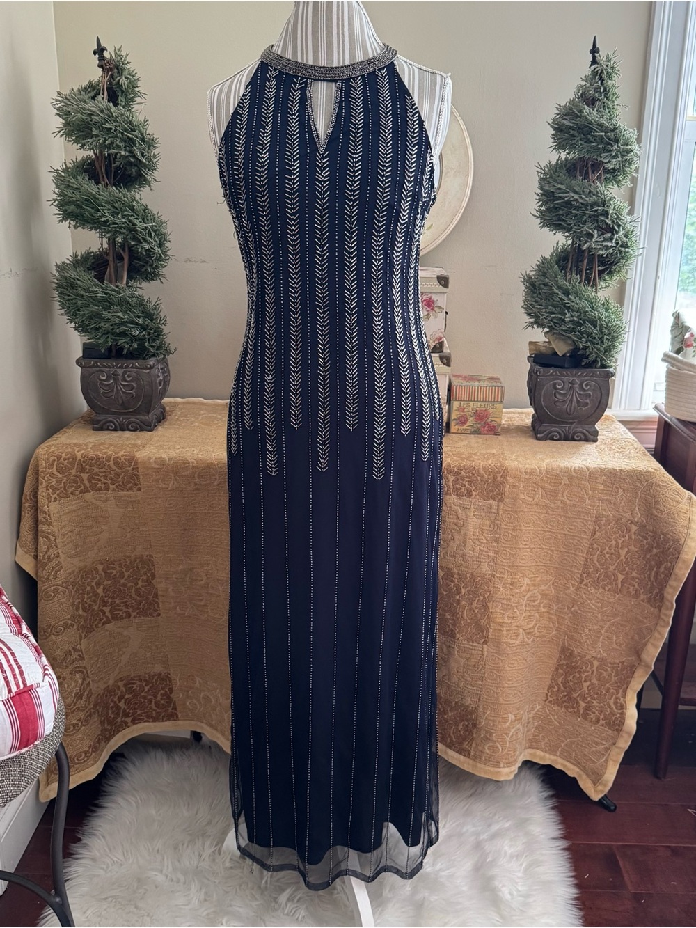 Pisarro Nights Evening Wear Navy Embellished Halter Gown